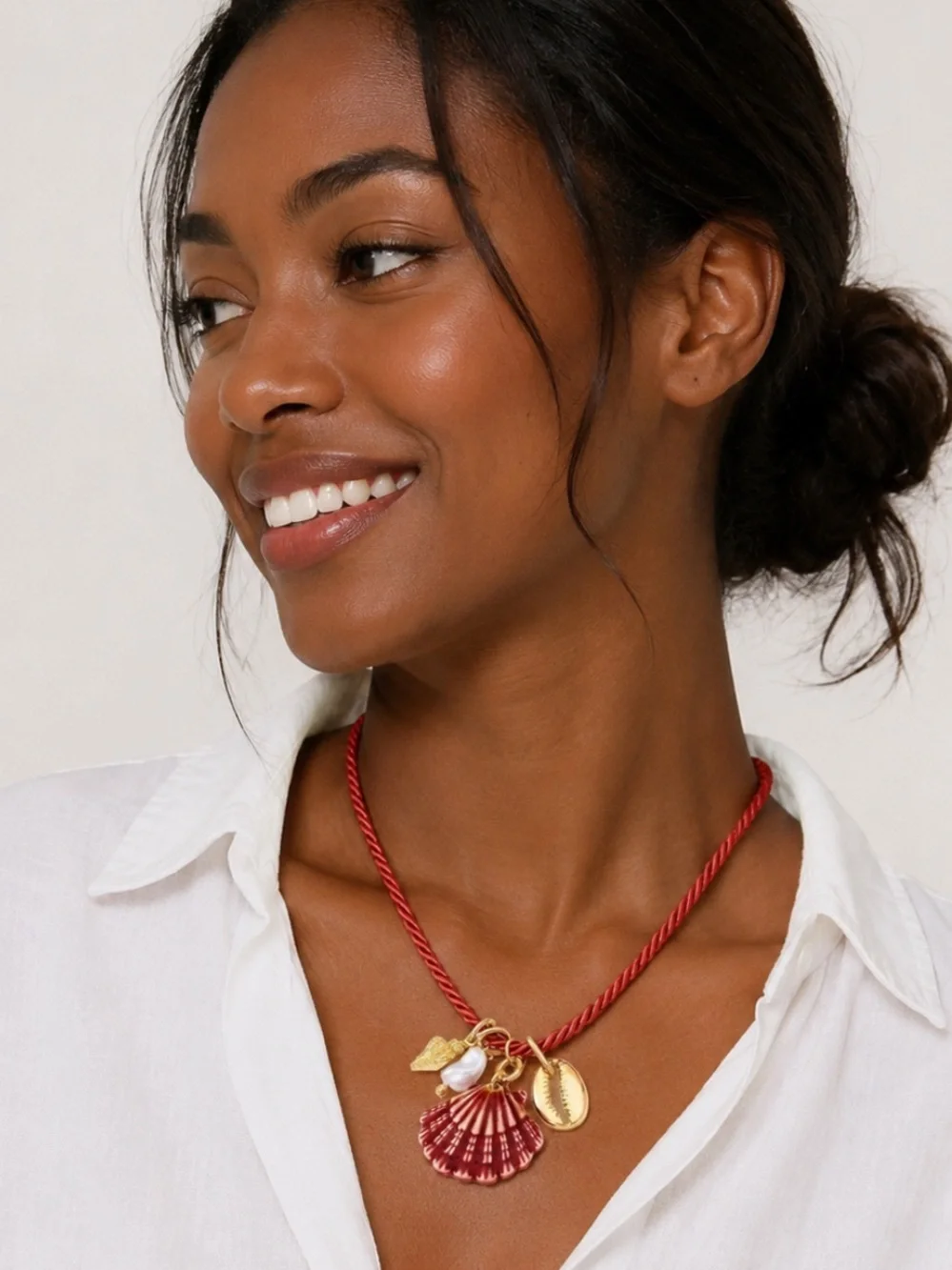 New! Coastal Red Cord Shell Pearl Charm Necklace NWOT 5002